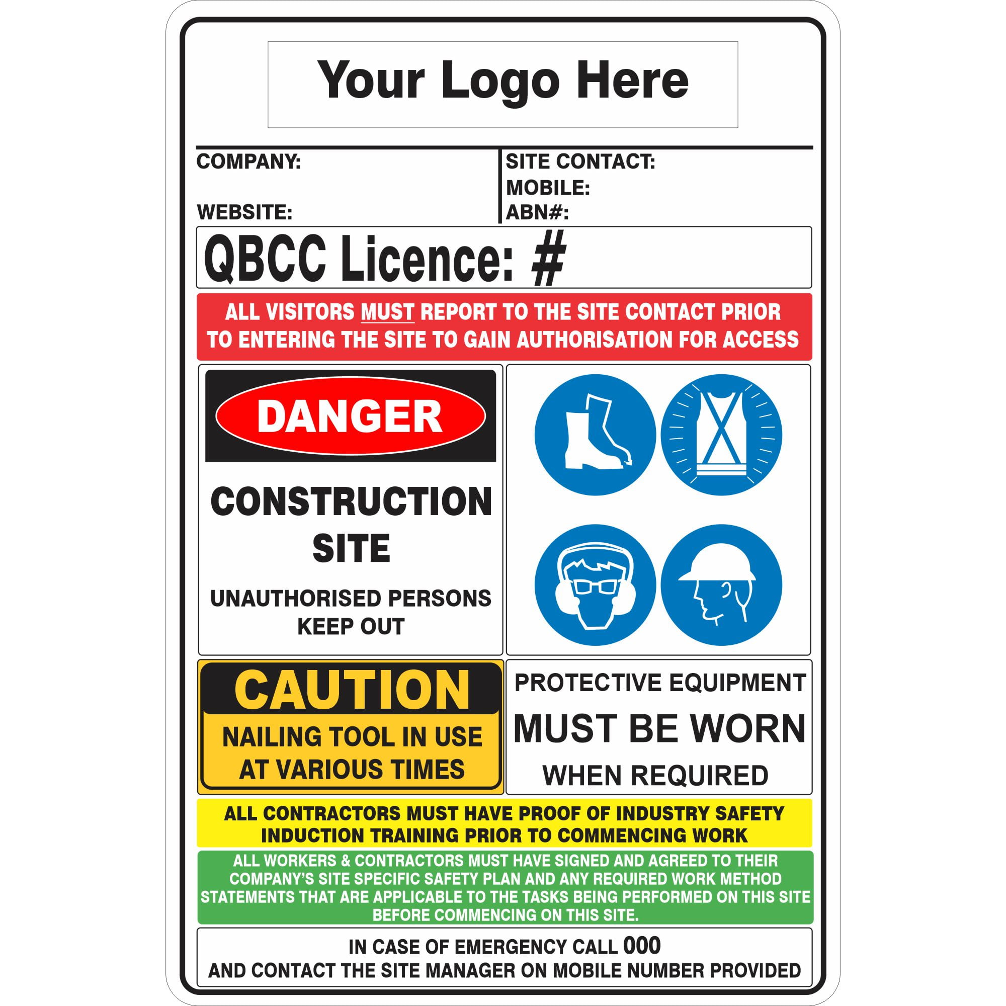Construction Site Combination Sign Qld Qbcc Compliant Buy Now Discount Safety Signs Australia