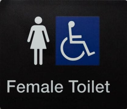 Female Toilet White On Black With Braille And Tactile Female And Wheelchair (Braille)