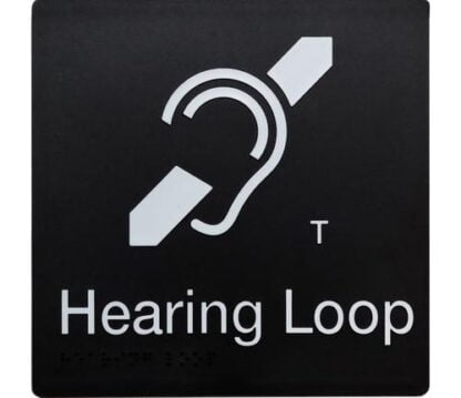 Hearing Loop White On Black T Coil Icon (Braille)