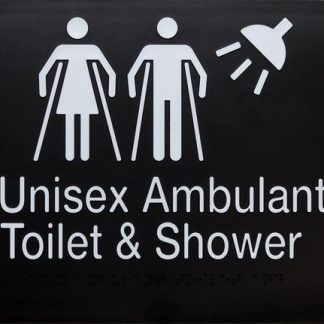 Unisex Ambulant & Shower Toilet White On Black 3 Icons (Braille)