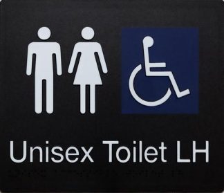 Unisex Accessible Toilet Lh Transfer White On Black Sign 3 Icons (Braille)