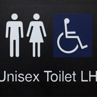 Unisex Accessible Toilet Lh Transfer White On Black Sign 3 Icons (Braille)