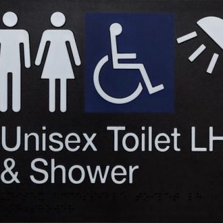 Unisex Toilet Lh And Shower Disabled White On Black 4 Icons (Braille)