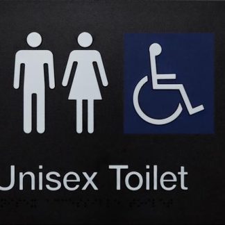 Unisex Accessible Toilet Sign White On Black Sign 3 Icons (Braille)