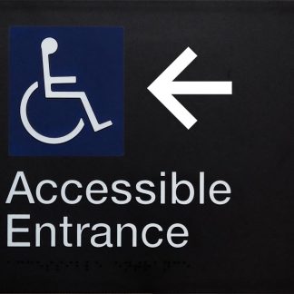 Accessible Entrance Sign Left-hand Arrow White On Black (Braille)