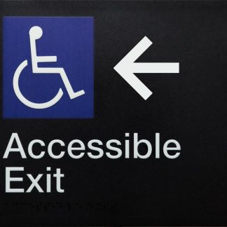 Accessible Exit Sign Left-hand Arrow White On Black (Braille)