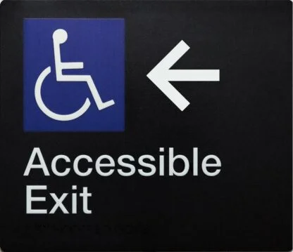 Accessible Exit Sign Left-hand Arrow White On Black (Braille)