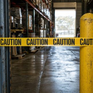 Yellow caution tape strung across a wet warehouse walkway between a steel rack and a bollard