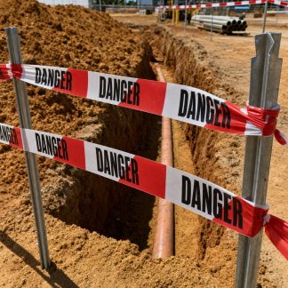 Red and white danger tape stretched between star pickets around an open excavation trench