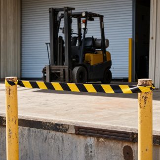 Black and yellow hazard tape cordoning off the edge of a concrete loading dock