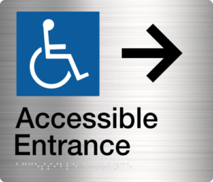 Accessible Entrance Sign (Right Arrow)  Stainless Steel (Braille)