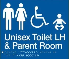 Unisex Accessible Toilet Left Hand & Parent Room Sign MFDTPLH-BLUE (Braille)